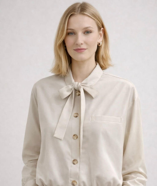 Veste chemise unie à col mao lavallière beige - Lola