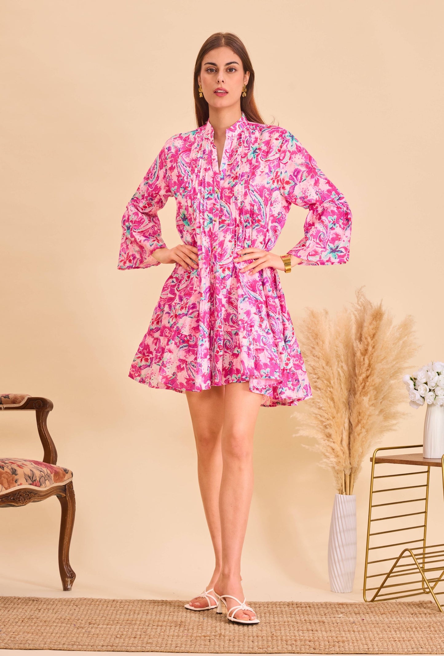 Robe courte en coton style bohème fuchsia - Orice Paris