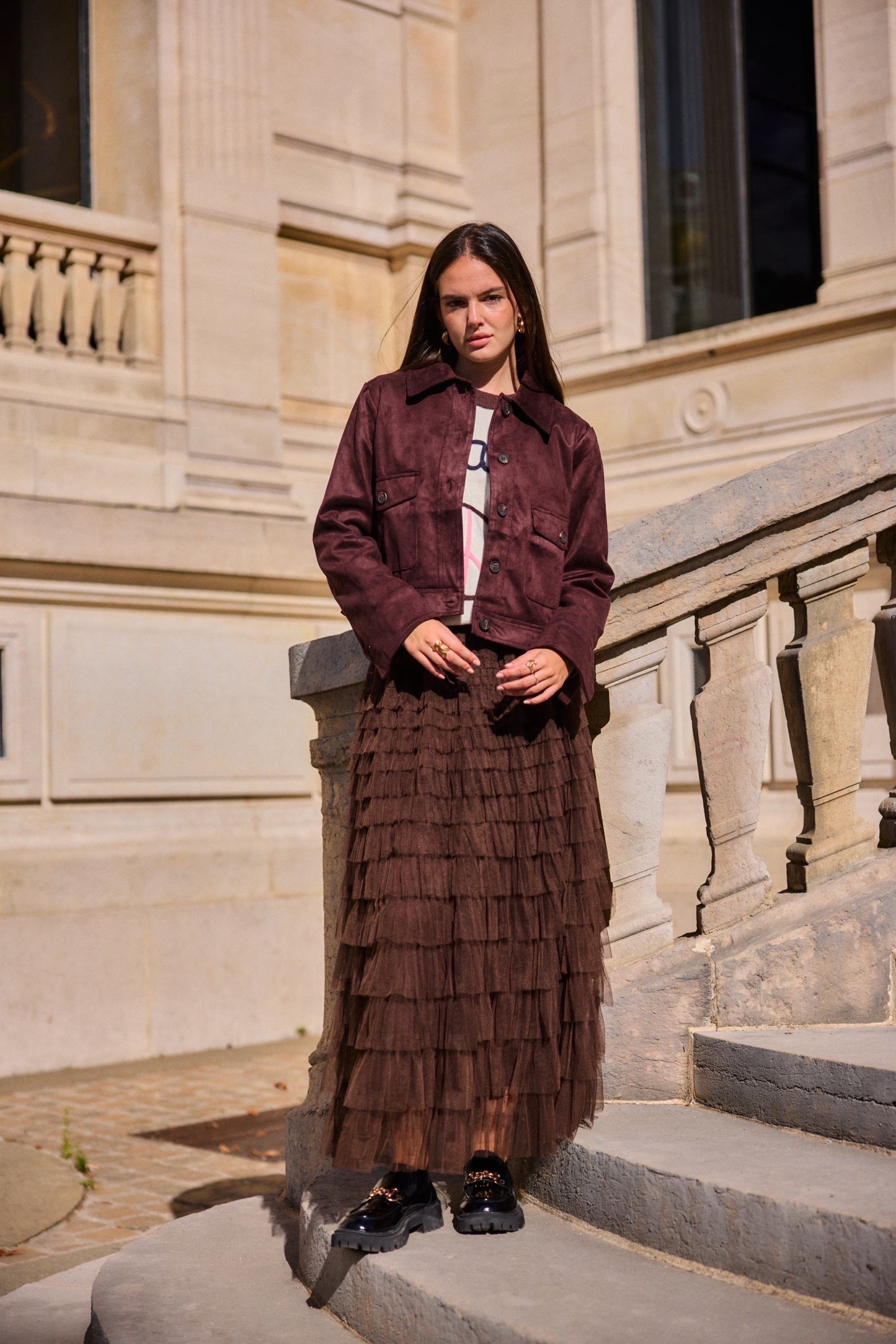 Veste en daim marron classique femme chic automne hiver - Bella