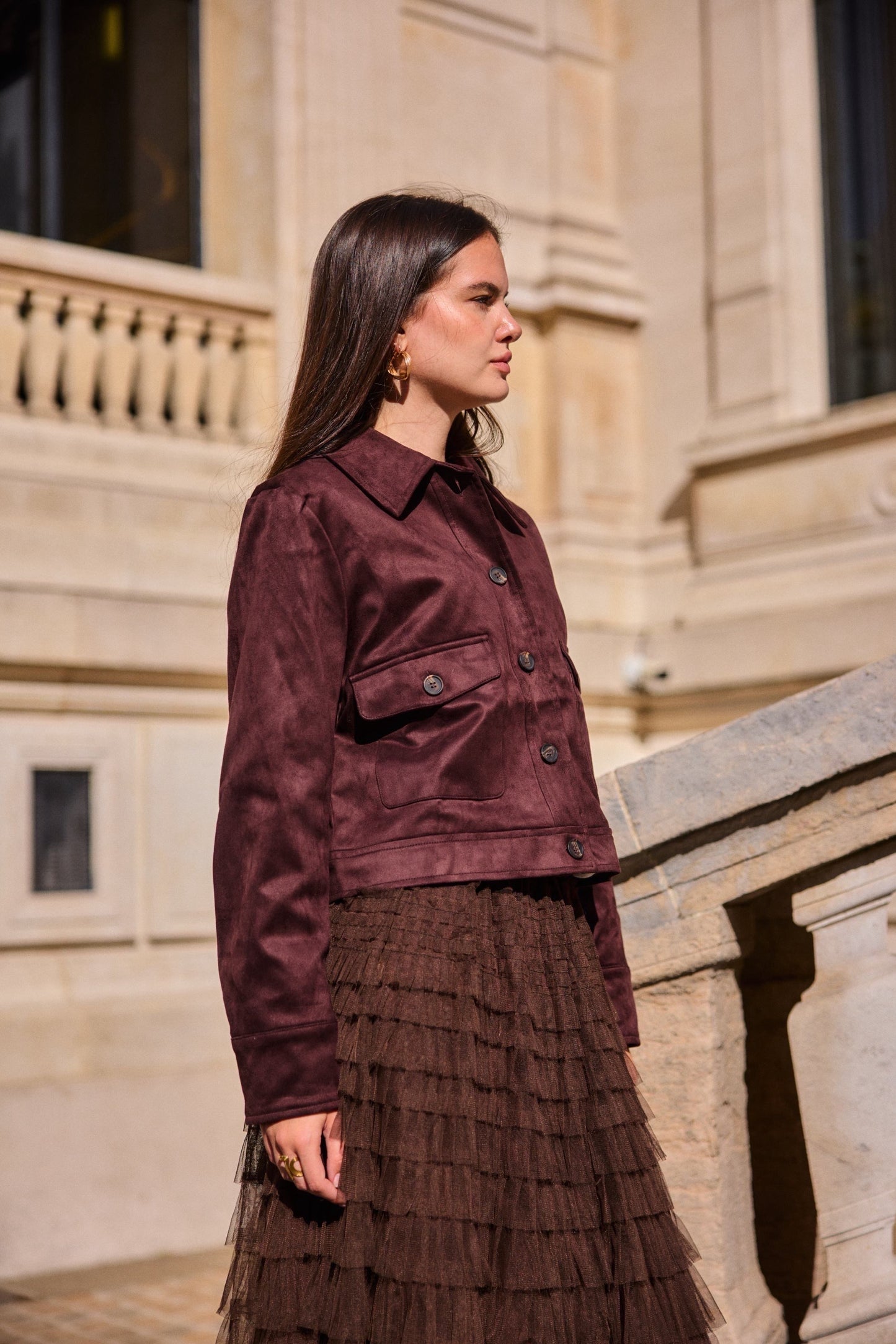 Veste en daim marron classique femme chic automne hiver - Bella