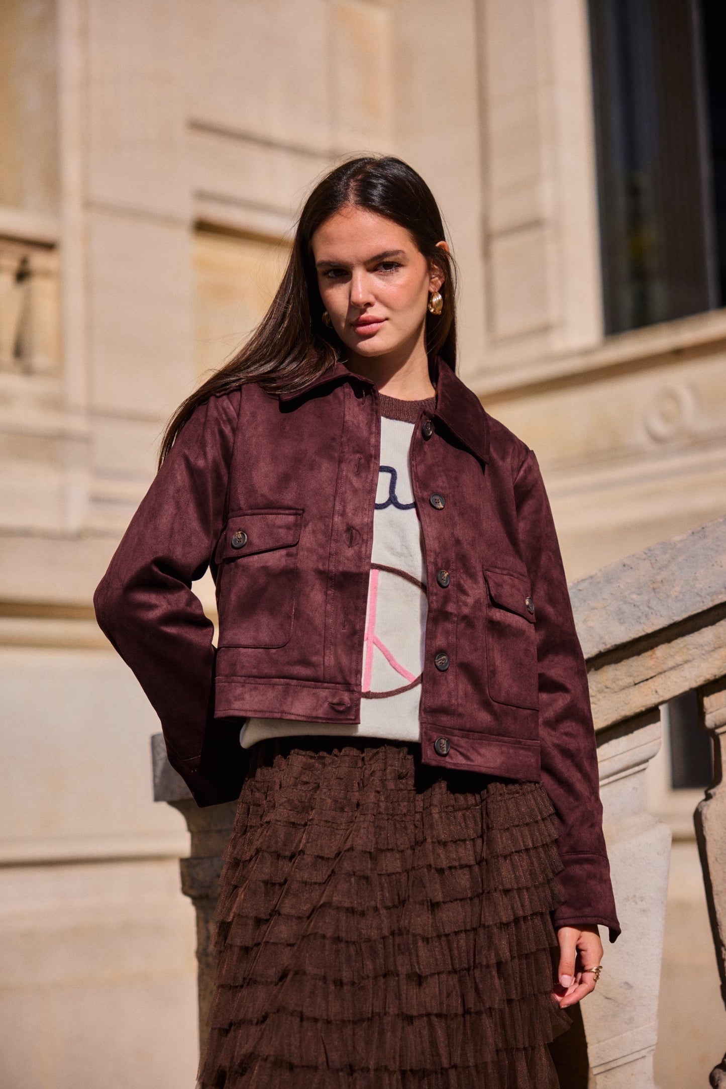 Veste en daim marron classique femme chic automne hiver - Bella