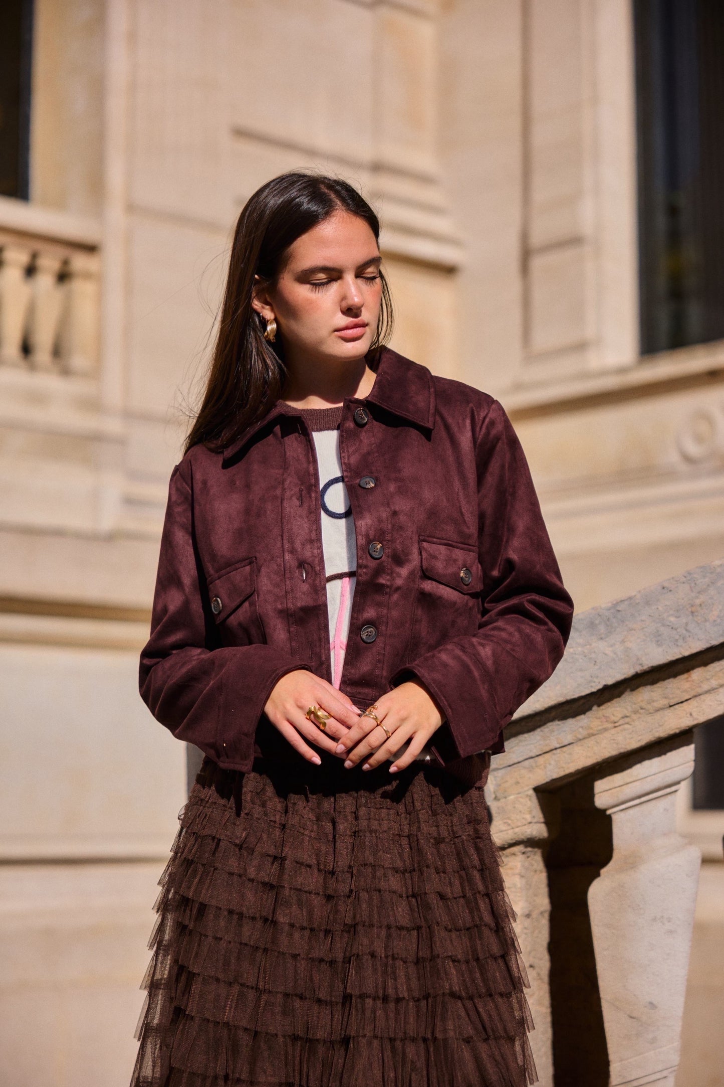 Veste en daim marron classique femme chic automne hiver - Bella