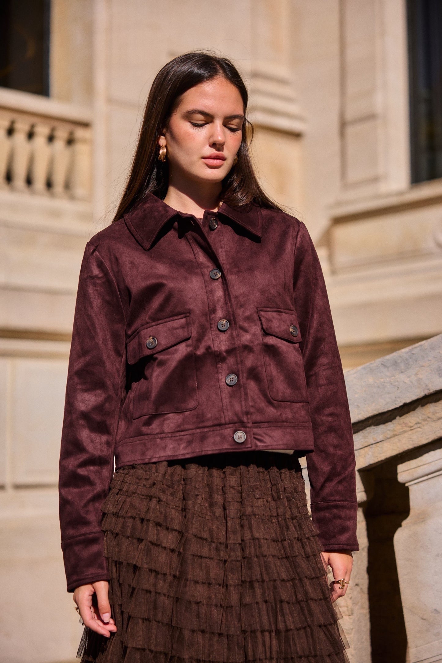 Veste en daim marron classique femme chic automne hiver - Bella