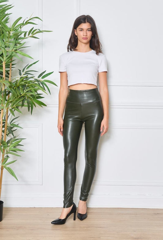 Legging femme taille haute en similicuir kaki - Imane
