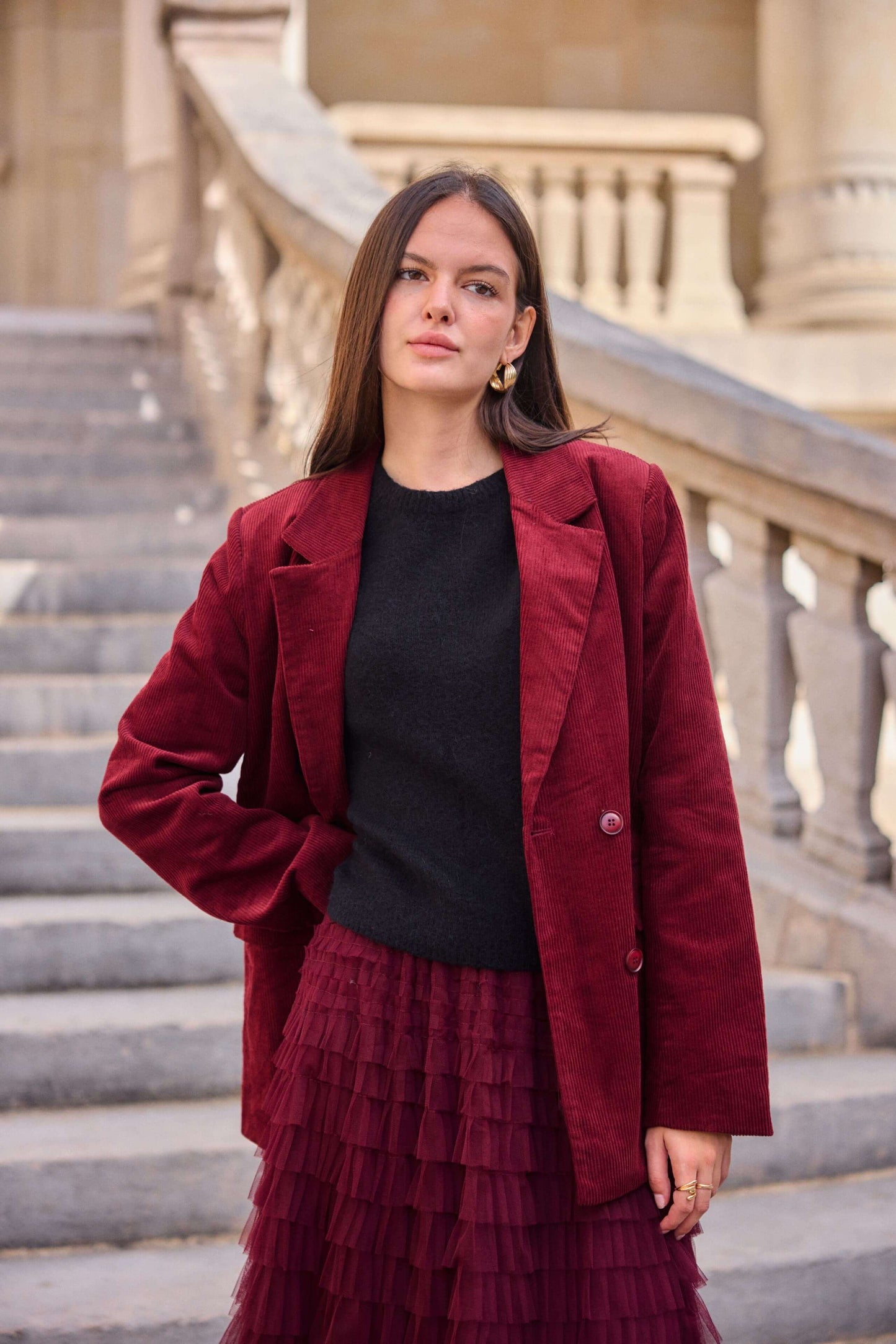 Blazer femme en velours côtelé bordeaux oversize - Félicia