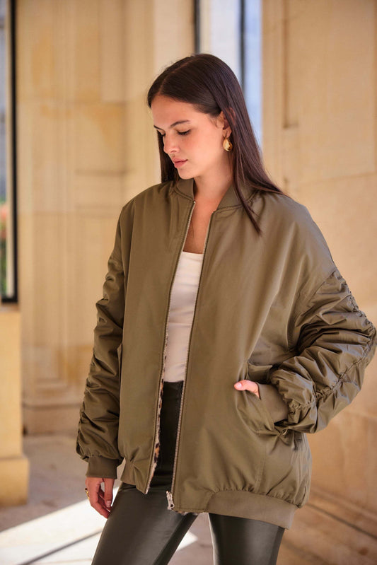 Bomber réversible kaki fausse fourrure léopard - Veste automne/hiver - Léane