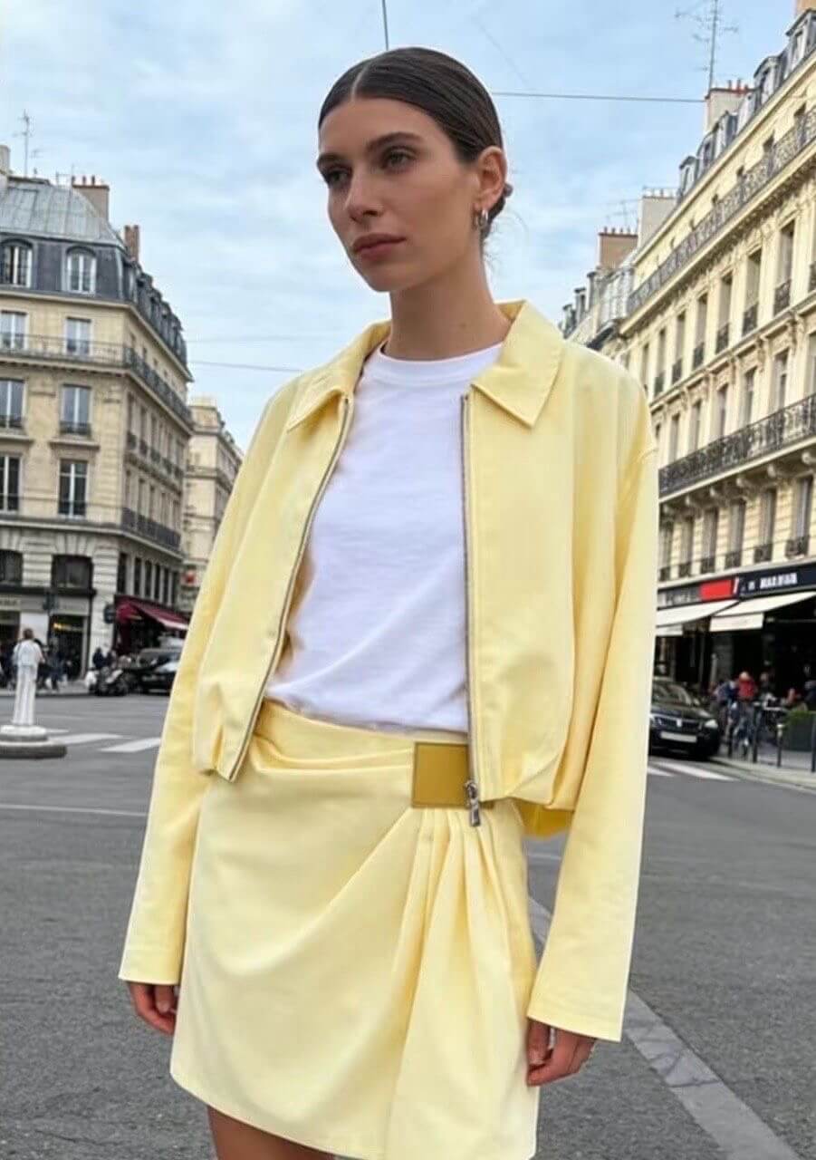 Veste pour femme mi-saison drapée jaune pastel