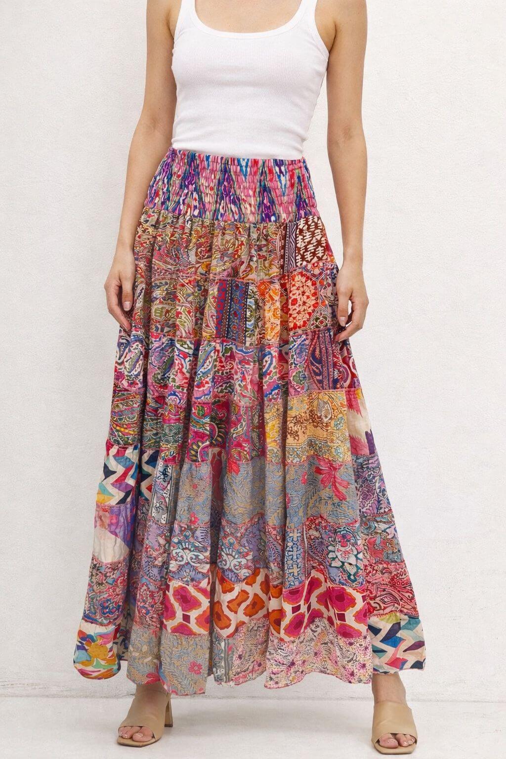 Jupe longue femme en soie, taille smocké, imprimées Indien Patchwork 