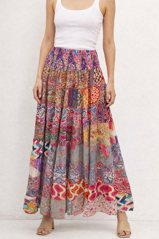 Jupe longue femme en soie, taille smocké, imprimées Indien Patchwork 