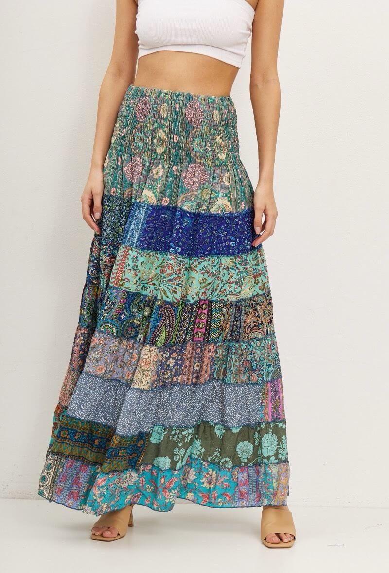 Jupe longue patchwork en Soie - Style Indien Bohème - Taille unique