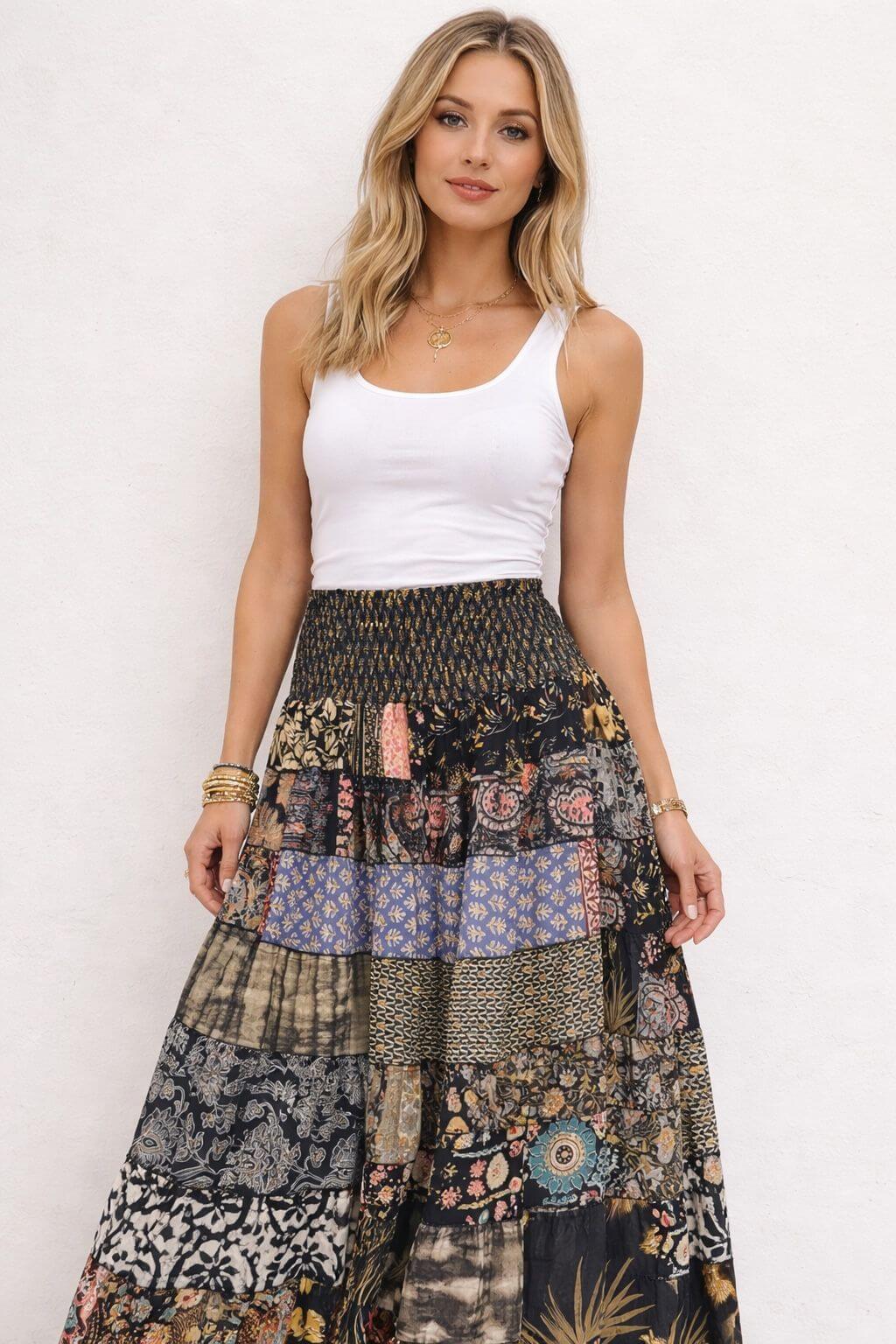 Jupe longue patchwork en Soie - Style Indien Bohème - Taille unique