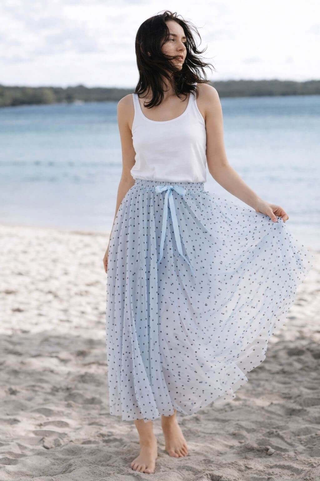 Jupe longue en tulle imprimé Polka bleu - Kelly