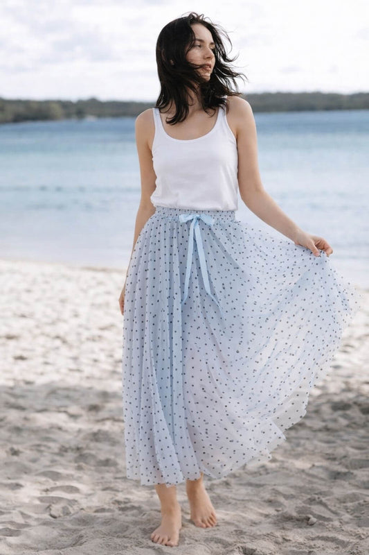 Jupe longue en tulle imprimé Polka bleu - Kelly