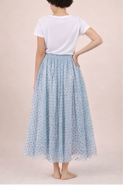 Jupe longue en tulle imprimé Polka bleu - Kelly