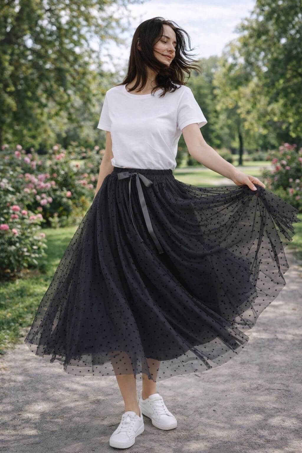 Jupe longue en tulle imprimé Polka bleu - Kelly