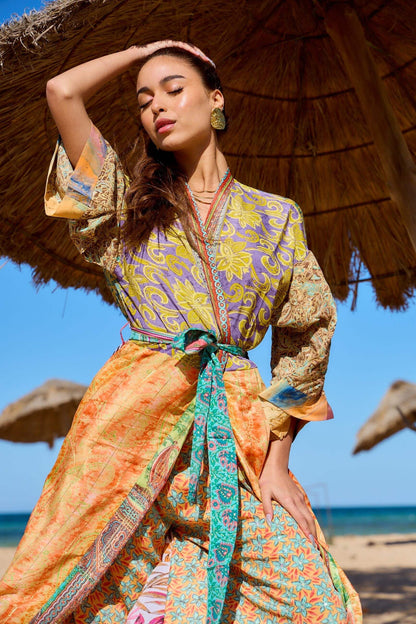 Kimono long patchwork en soie - Orice