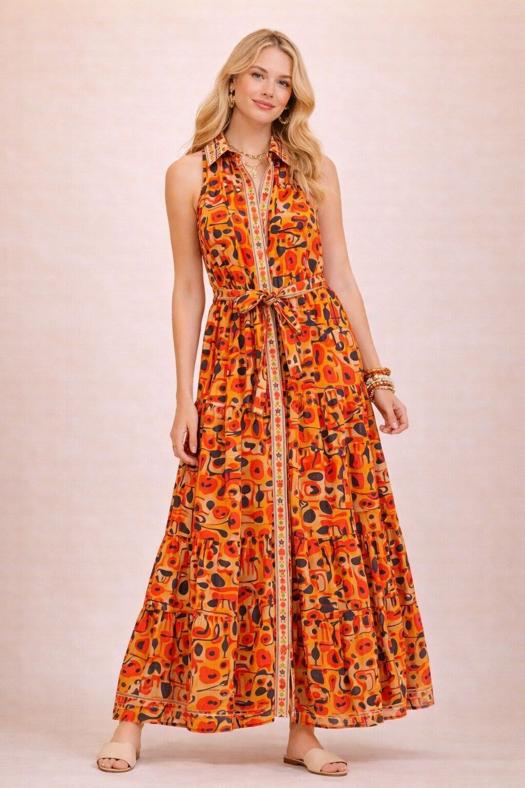 Robe chemise longue sans manches en coton imprimé - Taille unique