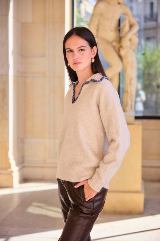 Pull laine avec col brodé détail jean chic taupe  - Orlane