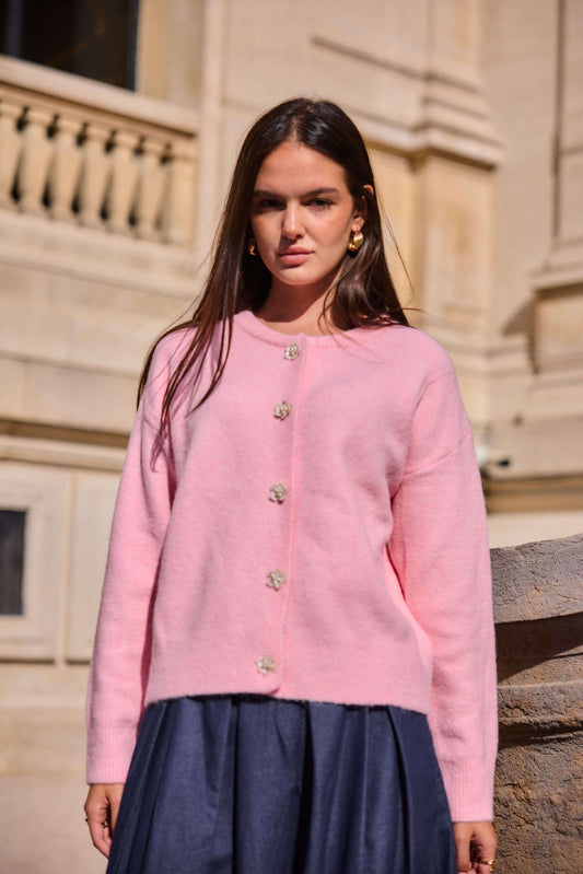 Cardigan femme laine col rond rose pastel- Christina