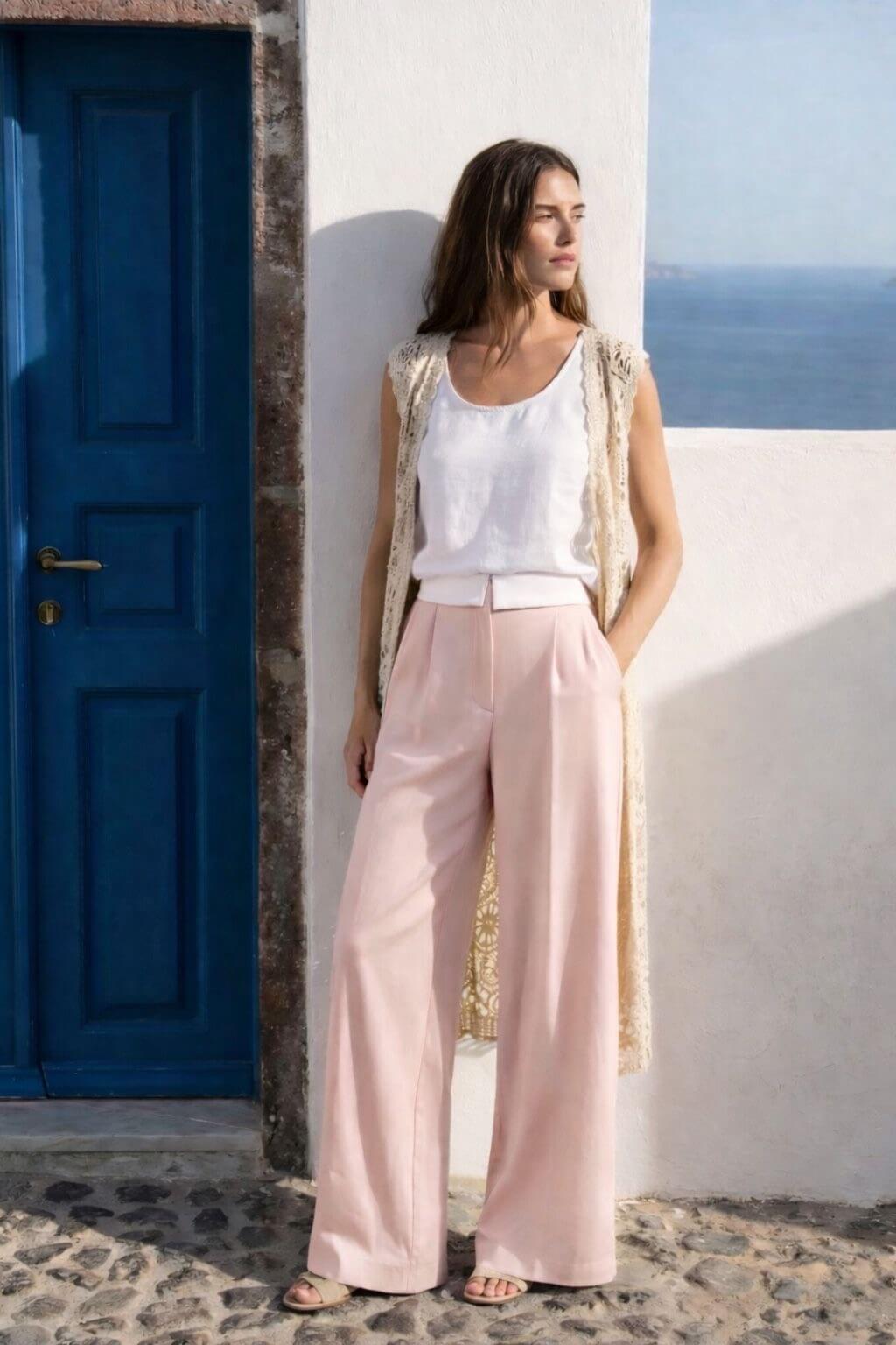 Pantalon large taille haute rose clair - Sarah