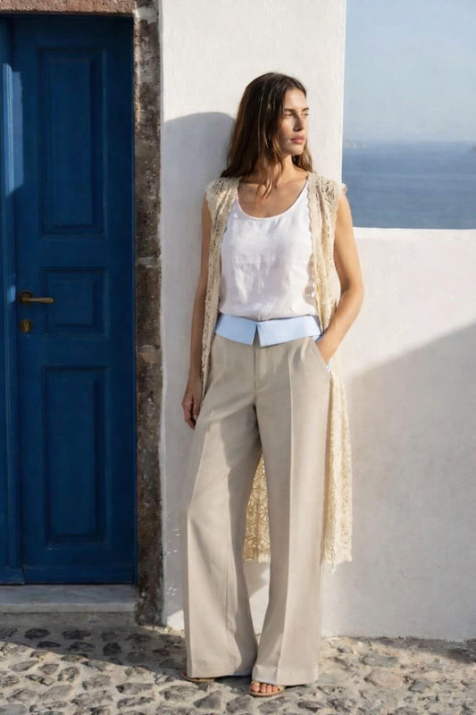 Pantalon large taille haute taupe clair - Louise