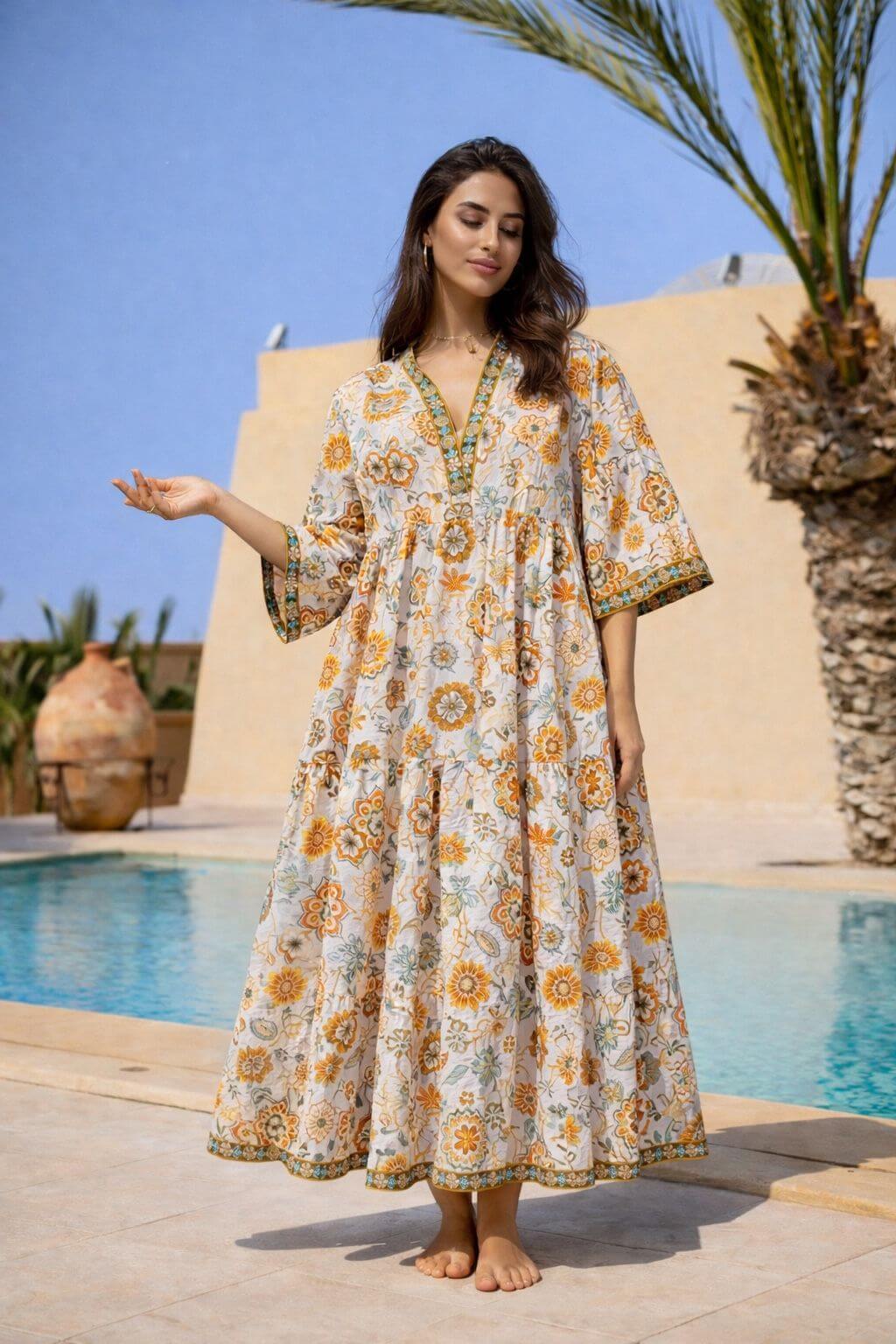 Robe longue bohème en coton dobby Indien- Taille unique
