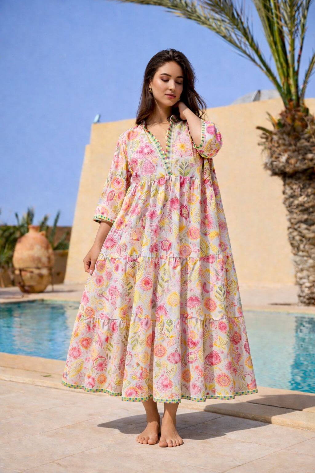 Robe longue bohème en coton dobby Indien- Taille unique