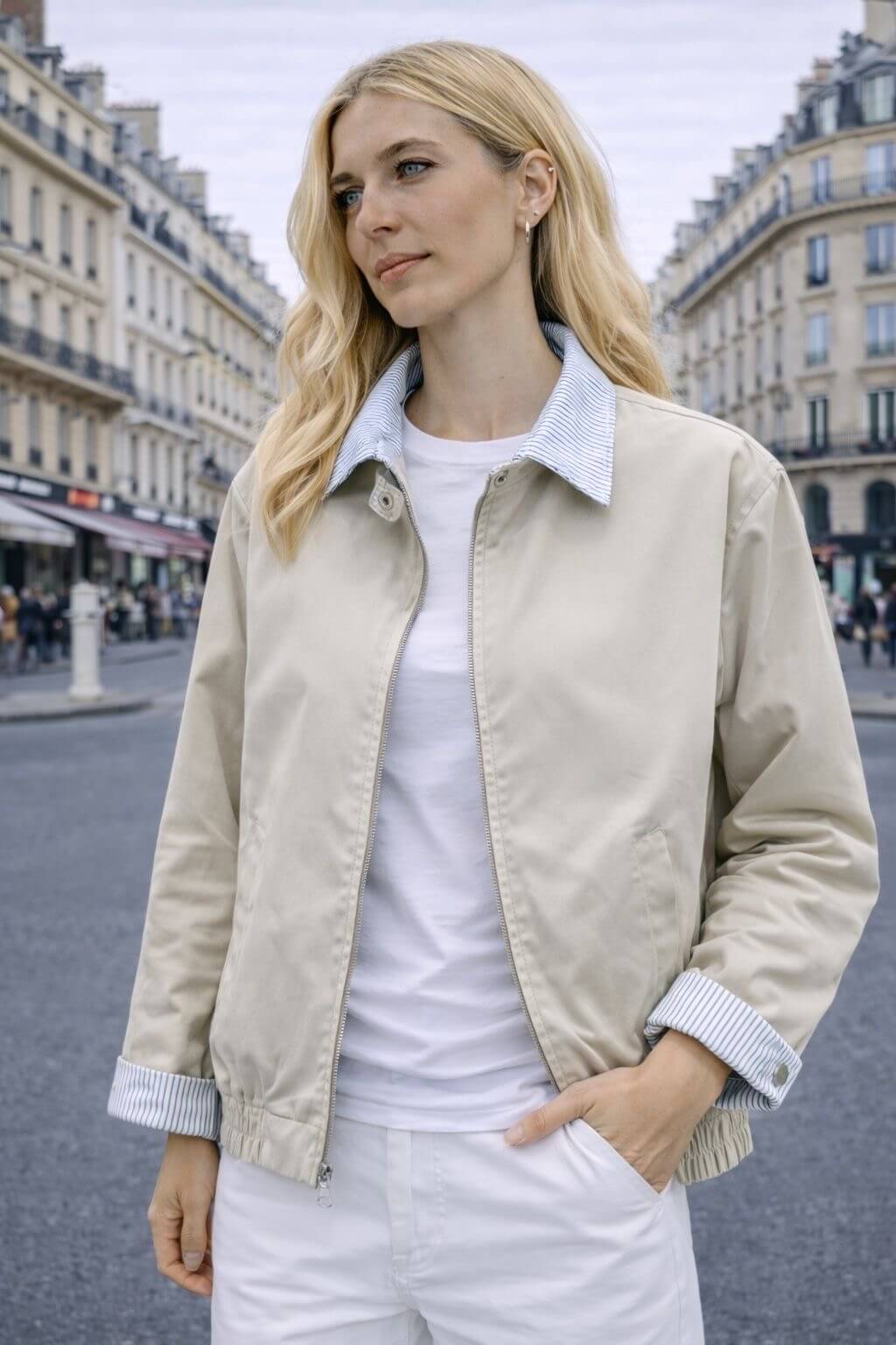 Veste courte beige mi-saison réversible femme - Veste en coton réversible pour femme
