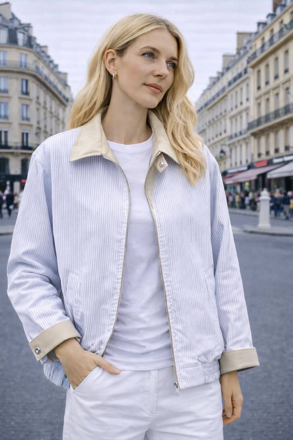 Veste courte beige mi-saison réversible femme - Veste en coton réversible pour femme