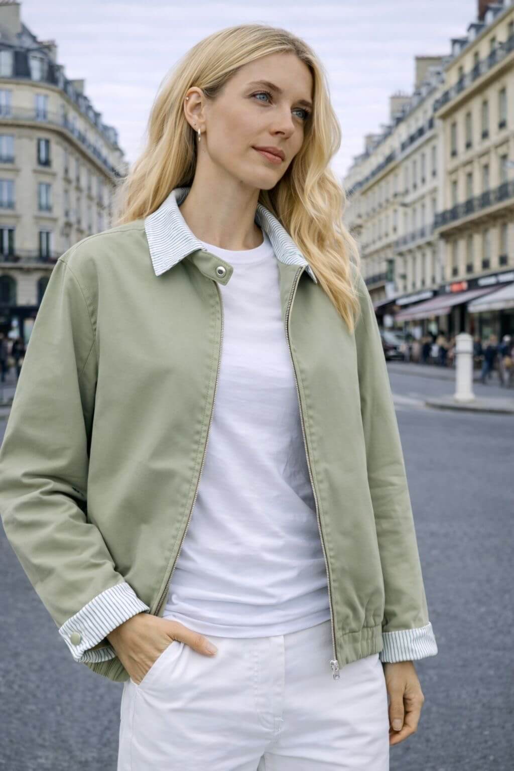 Veste courte vert matcha mi-saison réversible - Veste en coton réversible pour femme