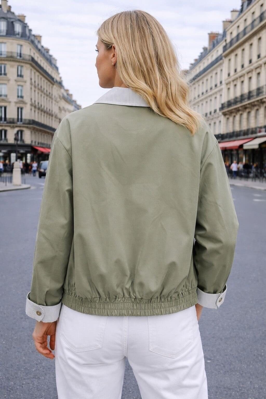 Veste courte vert matcha mi-saison réversible - Veste en coton réversible pour femme