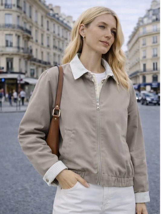 Veste courte taupe mi-saison réversible femme - Veste en coton réversible pour femme