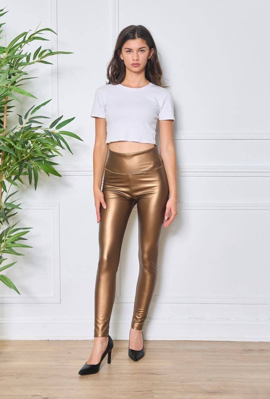 Legging femme taille haute en similicuir gold - Amandine