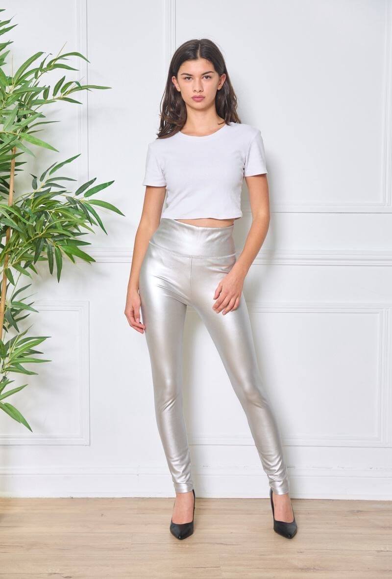 Legging femme taille haute en similicuir argent - Cholé