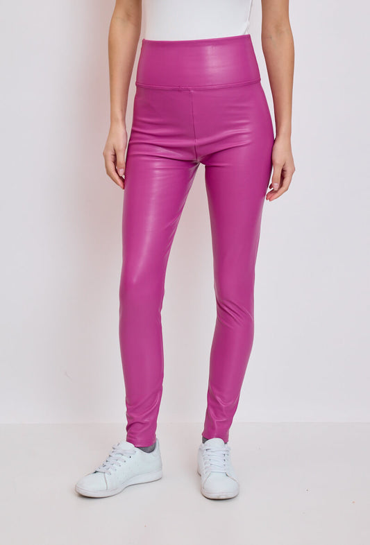 Legging femme en similicuir fuchsia taille haute - Camille
