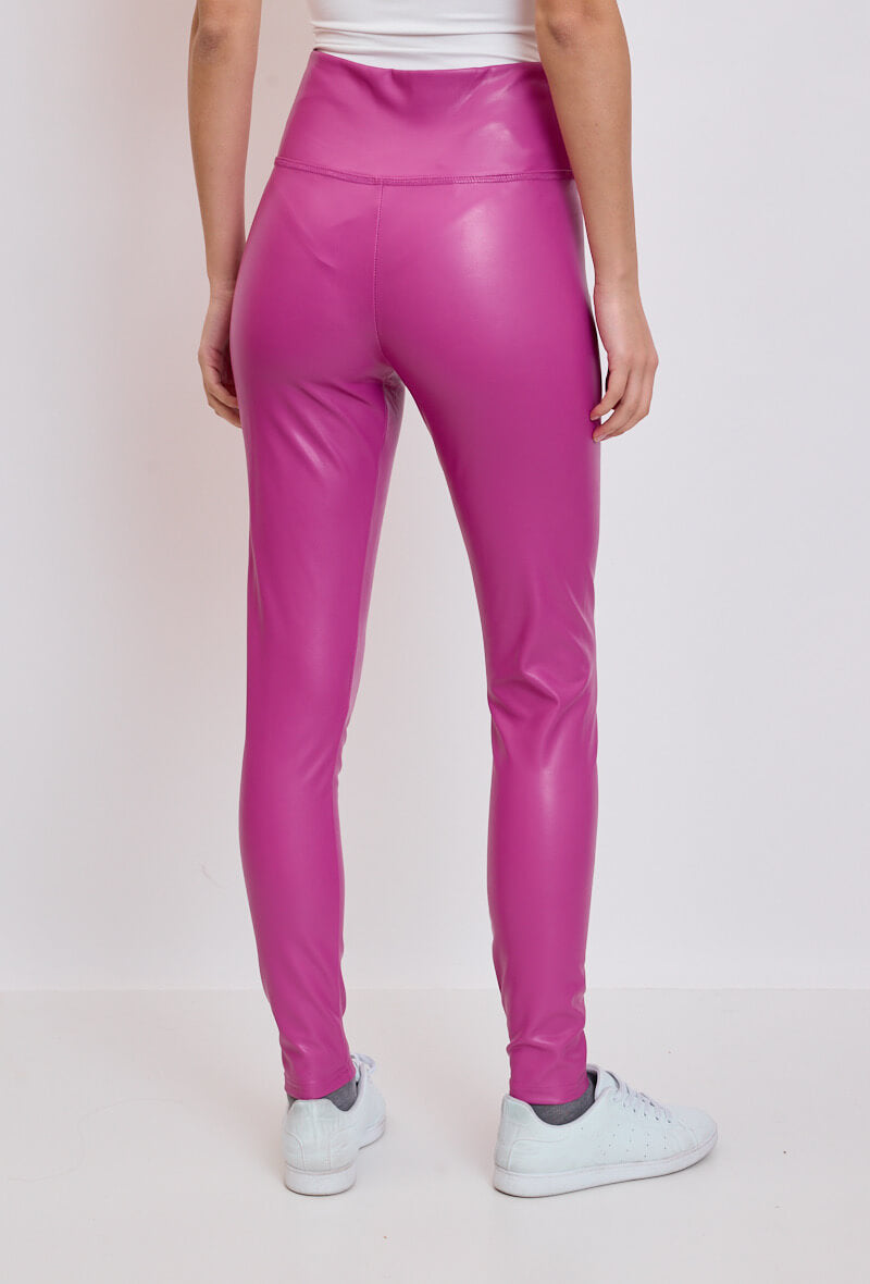 Legging femme en similicuir fuchsia taille haute - Camille