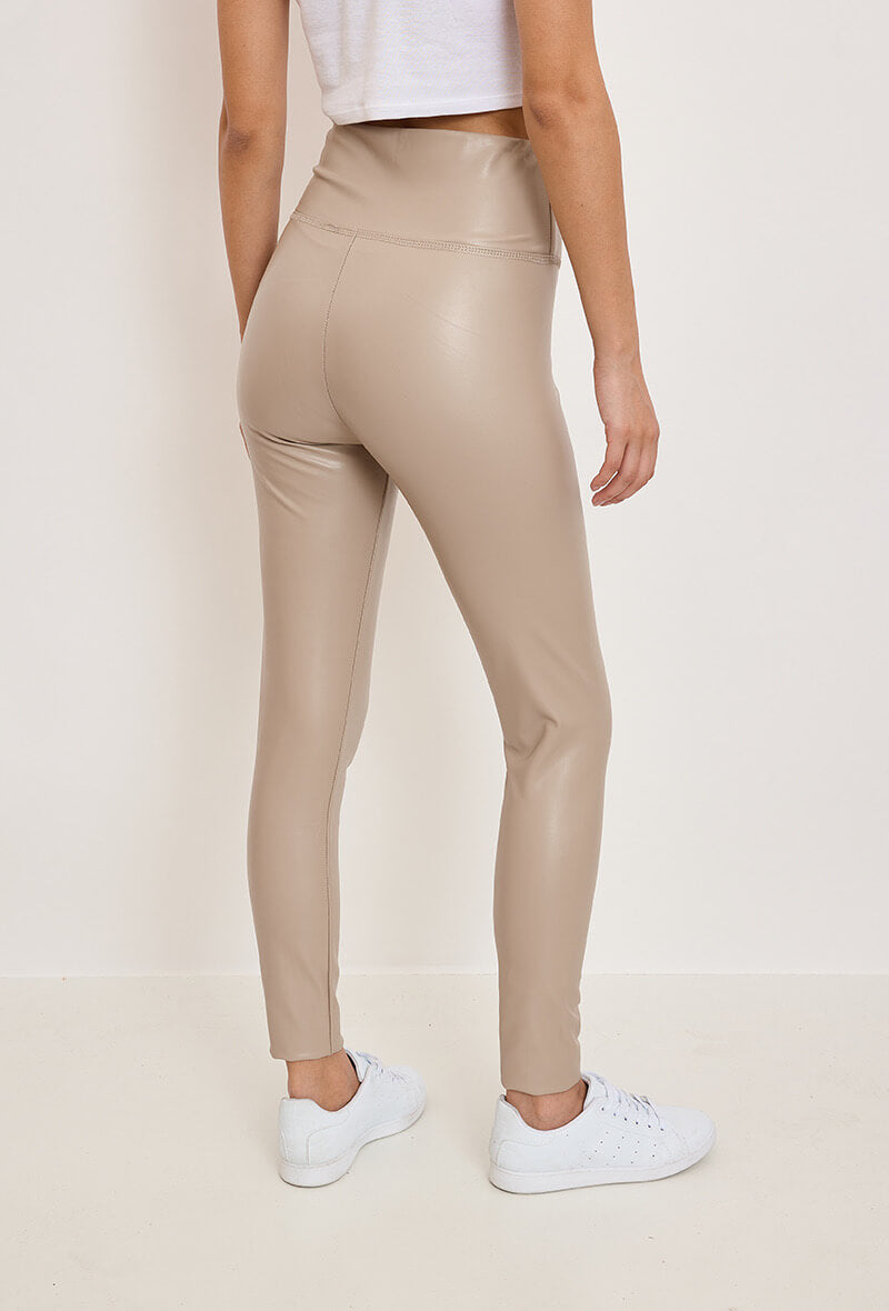 Legging femme en similicuir beige taille haute - Pauline