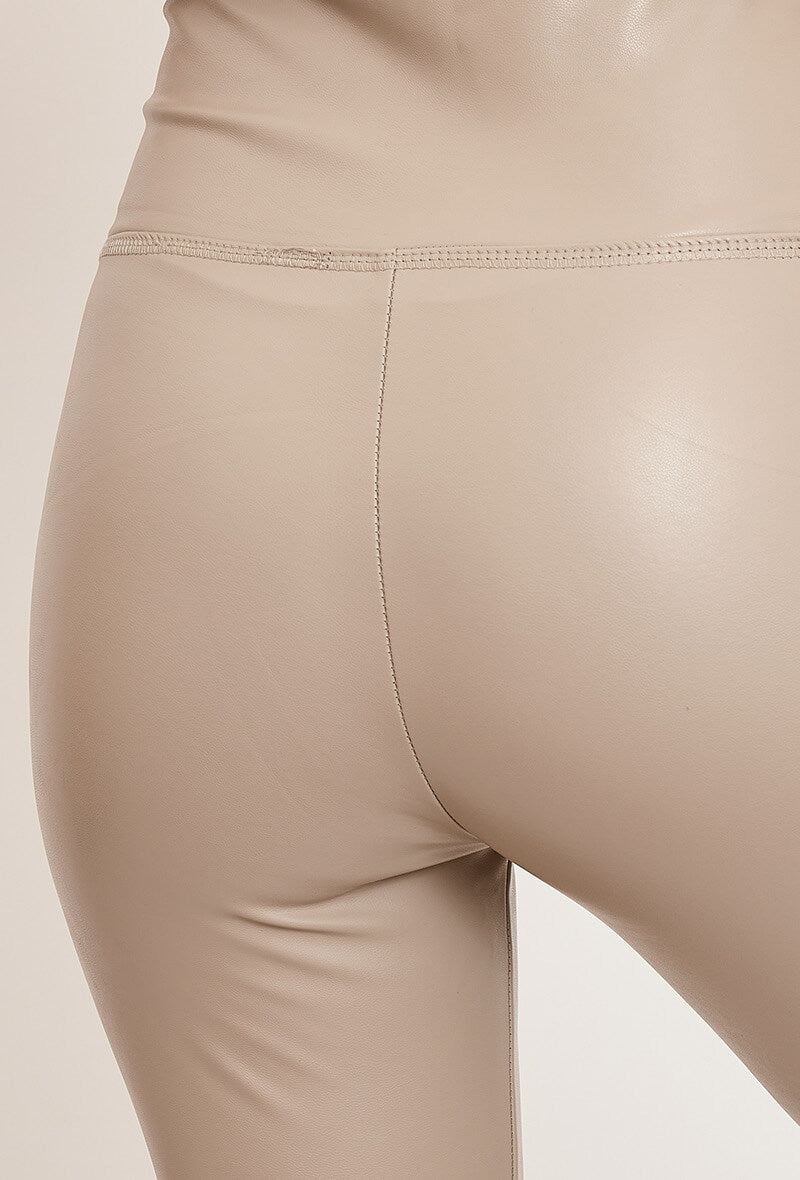 Legging femme en similicuir beige taille haute - Pauline