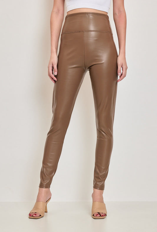 Legging femme en similicuir brun taille haute - Vania