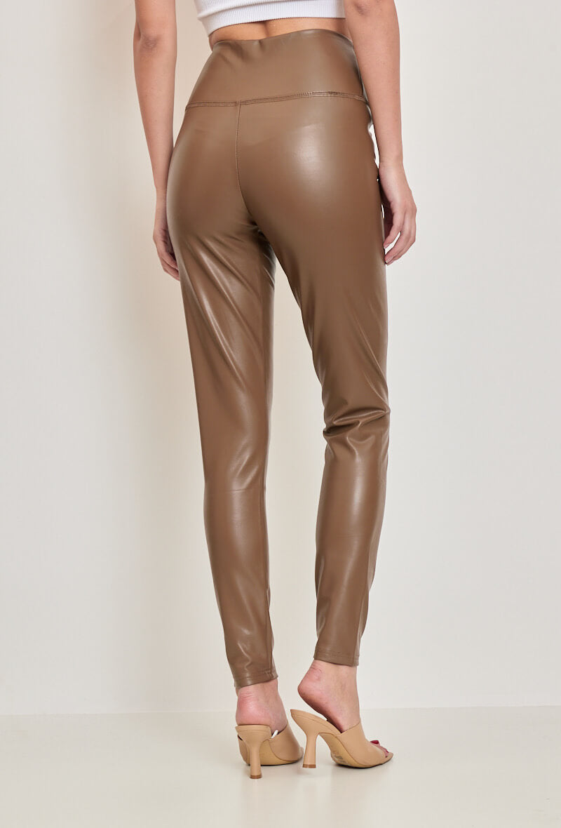 Legging femme en similicuir brun taille haute - Vania