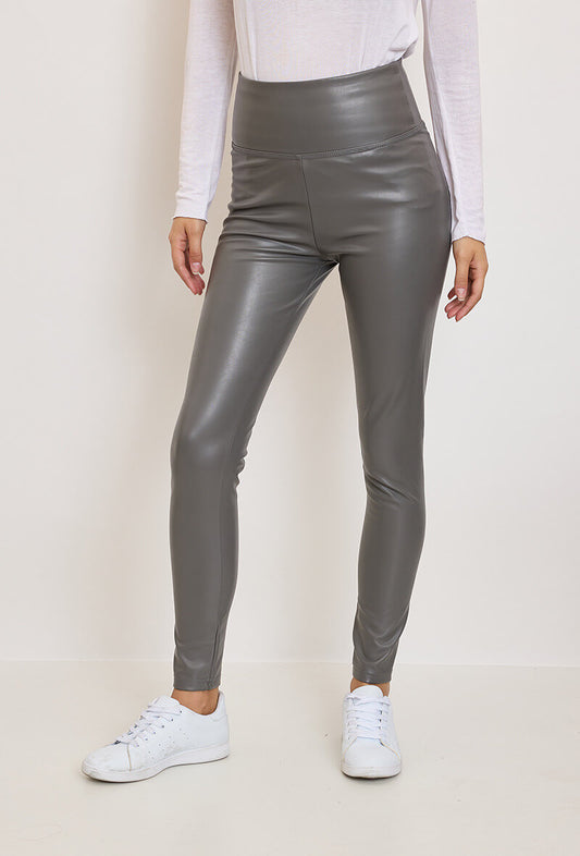 Legging femme en similicuir gris taille haute - Kaina