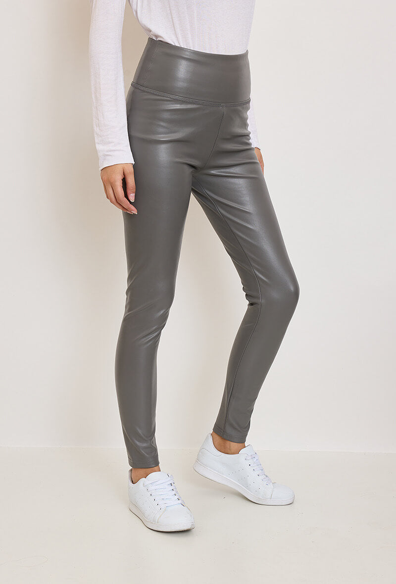 Legging femme en similicuir gris taille haute - Kaina
