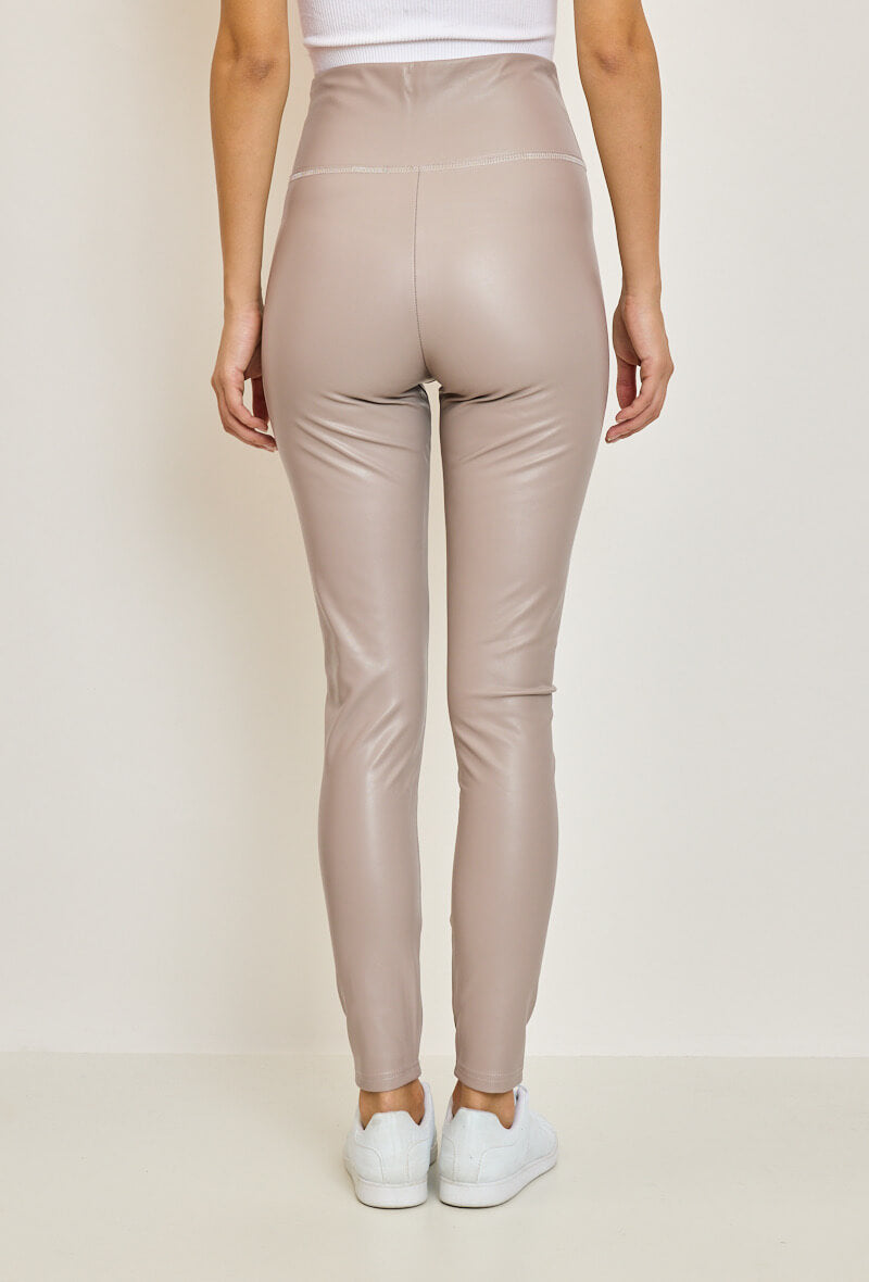 Legging femme en similicuir taupe taille haute - Lola