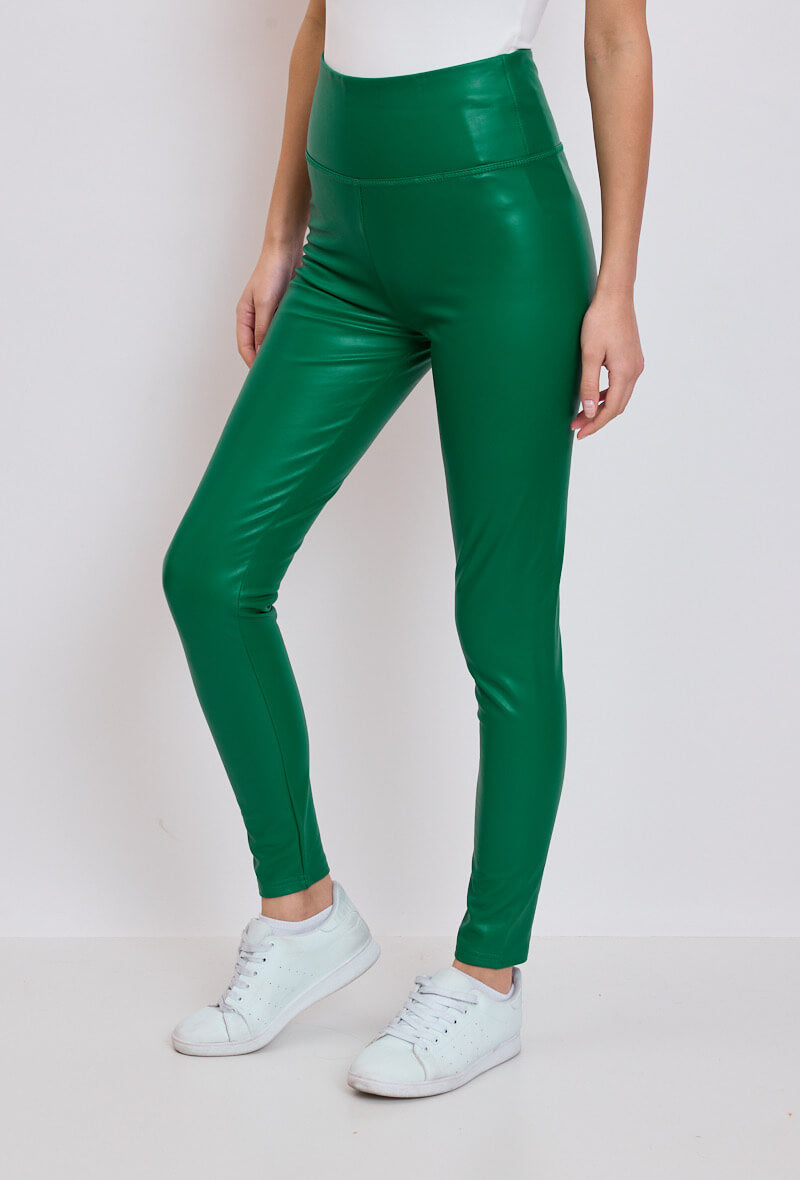 Legging femme en similicuir vert taille haute - Kenza
