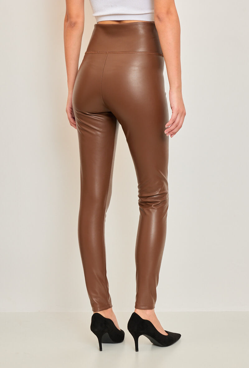 Legging femme en similicuir camel taille haute - Manon