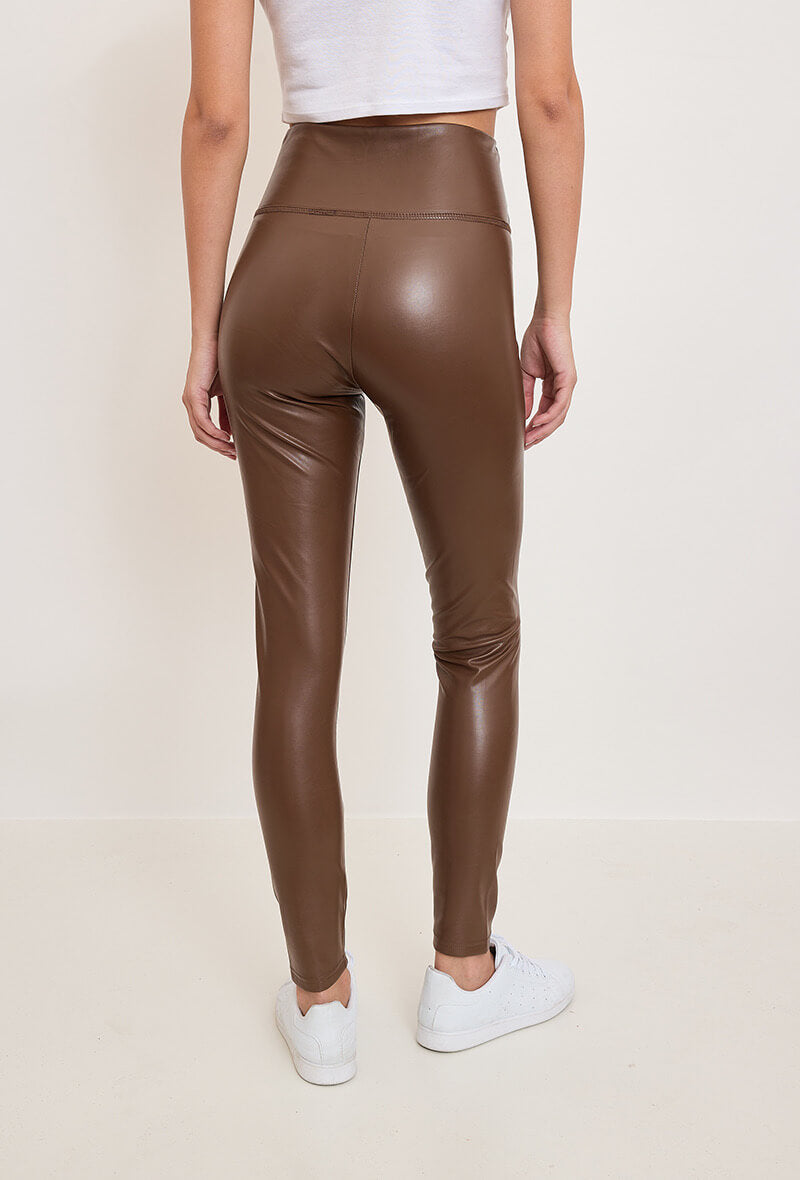 Legging femme en similicuir choco taille haute - Léna