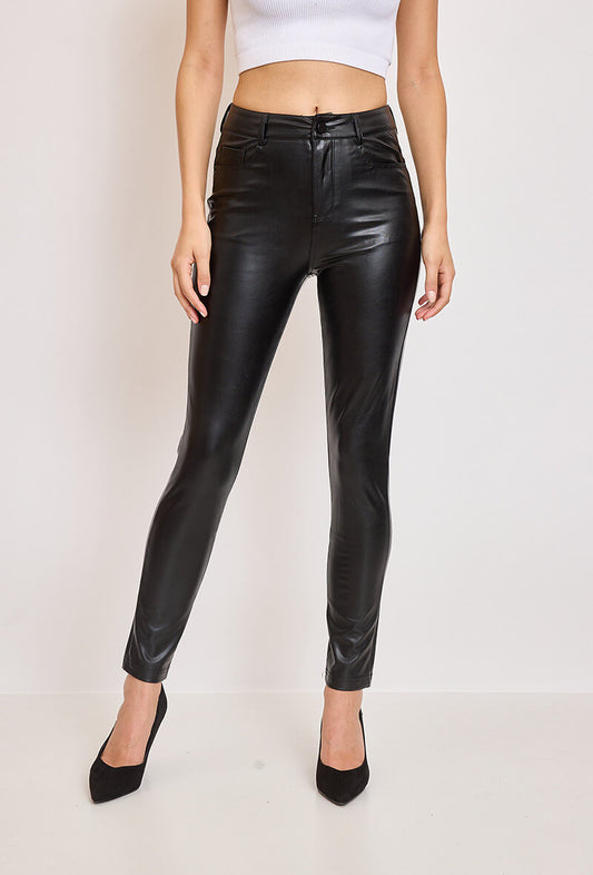 Pantalon similicuir noir avec poches coupe skiny - Perla