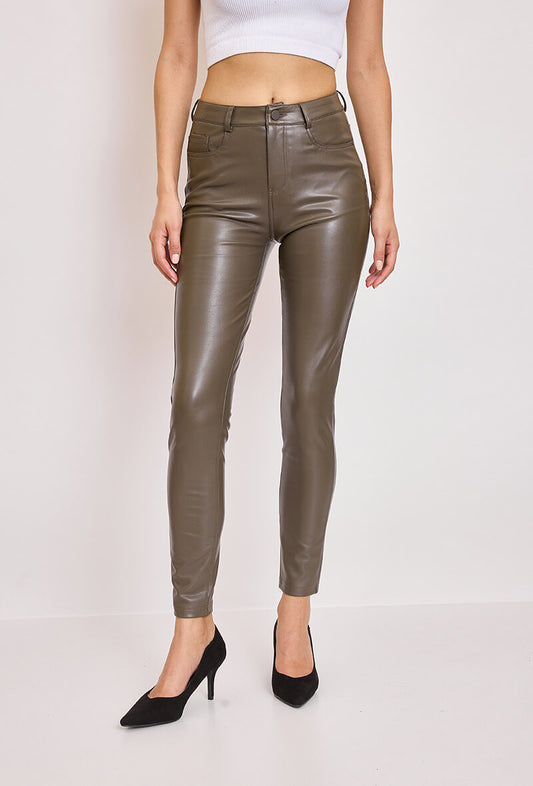 Pantalon similicuir olive avec poches coupe skiny - Nina