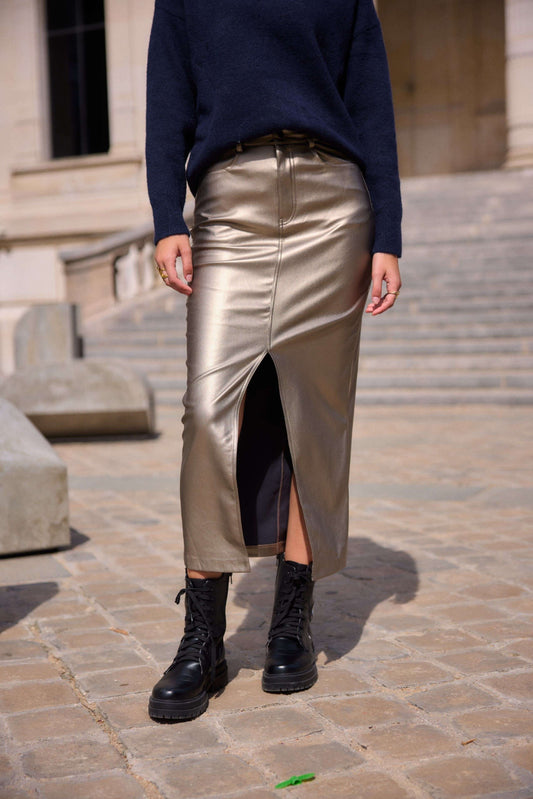 Jupe crayon longue en similicuir bronze - Delphine
