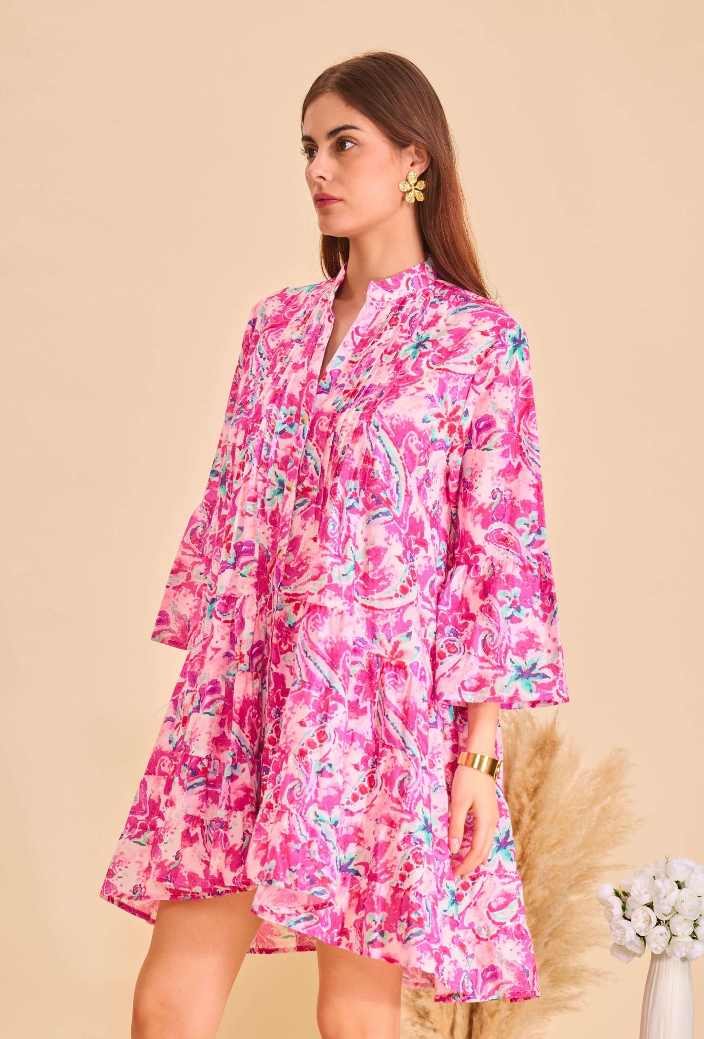 Robe courte en coton style bohème fuchsia - Orice Paris